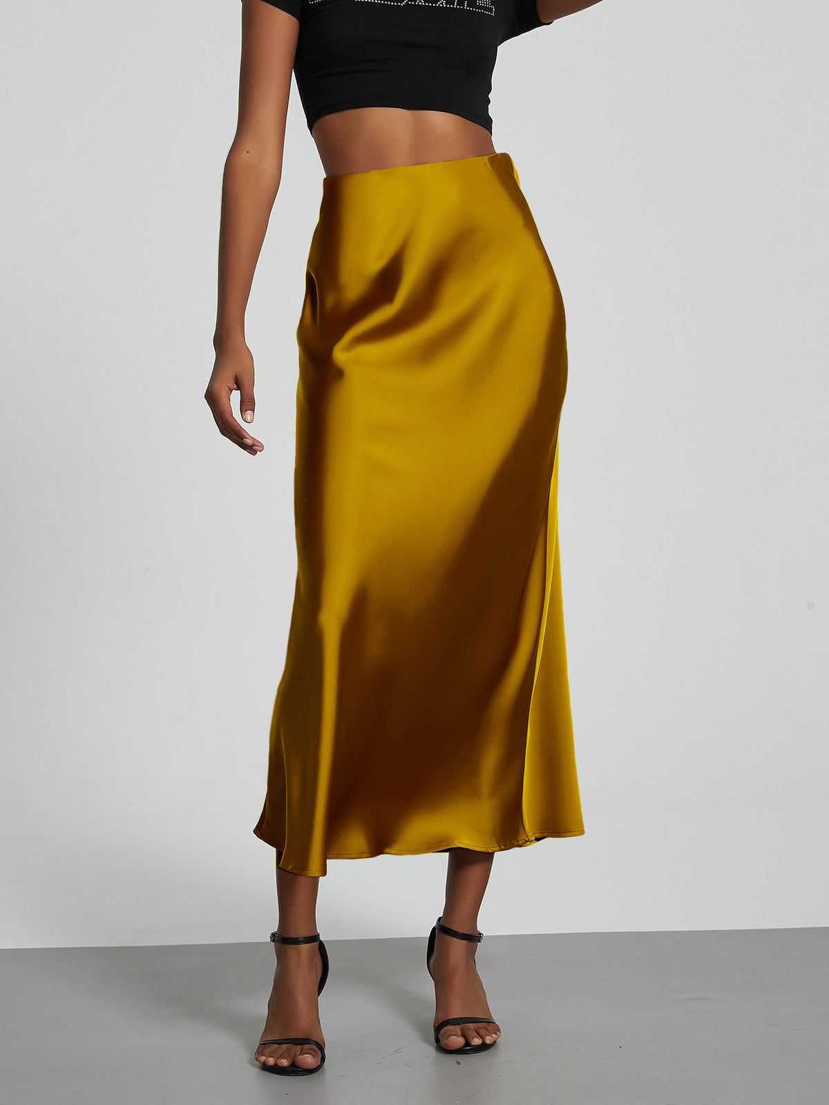 Women's Satin Midi Skirt High Waist Silky Flowy Elegant