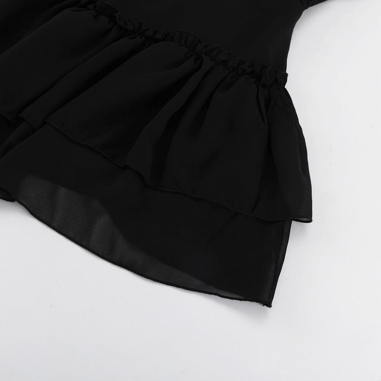 Black Chiffon Cutout Mini Dress Mock Neck Long Sleeve
