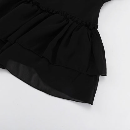 Black Chiffon Cutout Mini Dress Mock Neck Long Sleeve