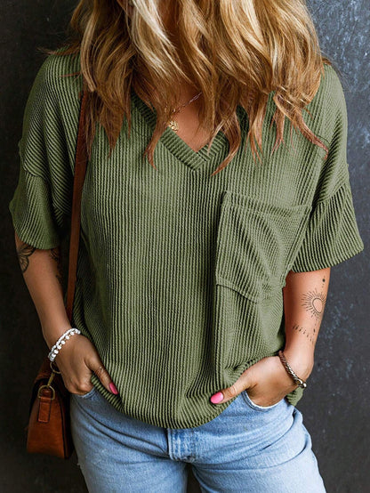 Women’s Ribbed V Neck Short Sleeve Pocket Tee