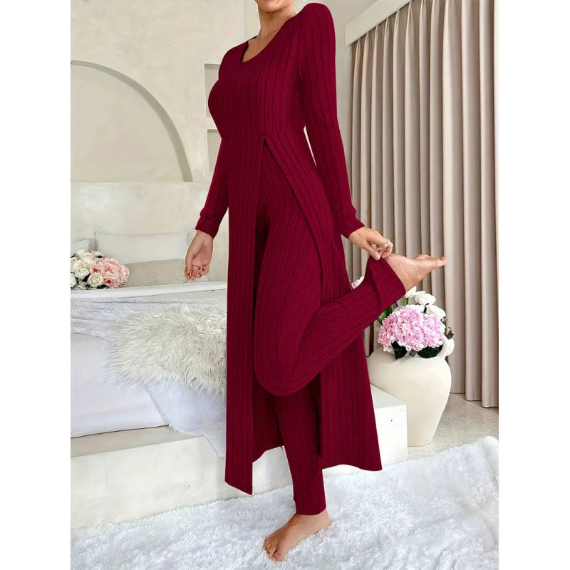 Women's Ribbed Knit Side Split Long Sleeve Two Piece Set