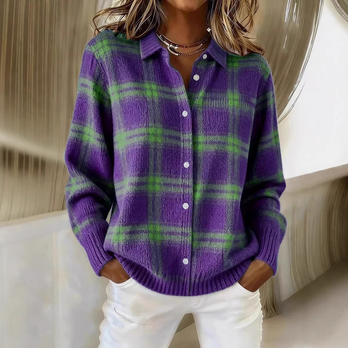 Women's Plaid Collared Button Up Sweater Cardigan