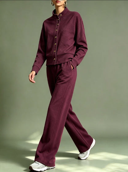 Women's Button Front Sweatshirt Wide Leg Pants Lounge Set