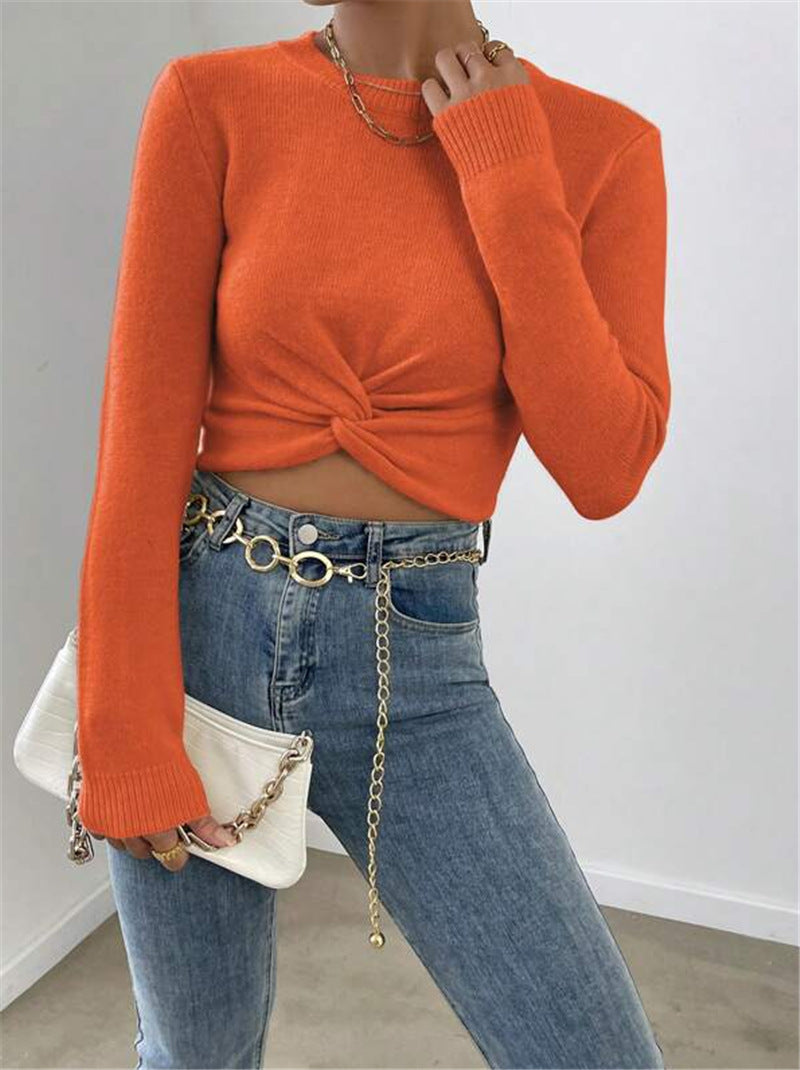Twist Front Crop Sweater Crew Neck Long Sleeve Fitted