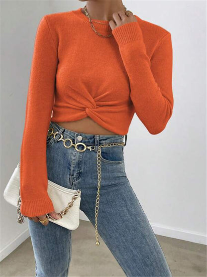 Twist Front Crop Sweater Crew Neck Long Sleeve Fitted