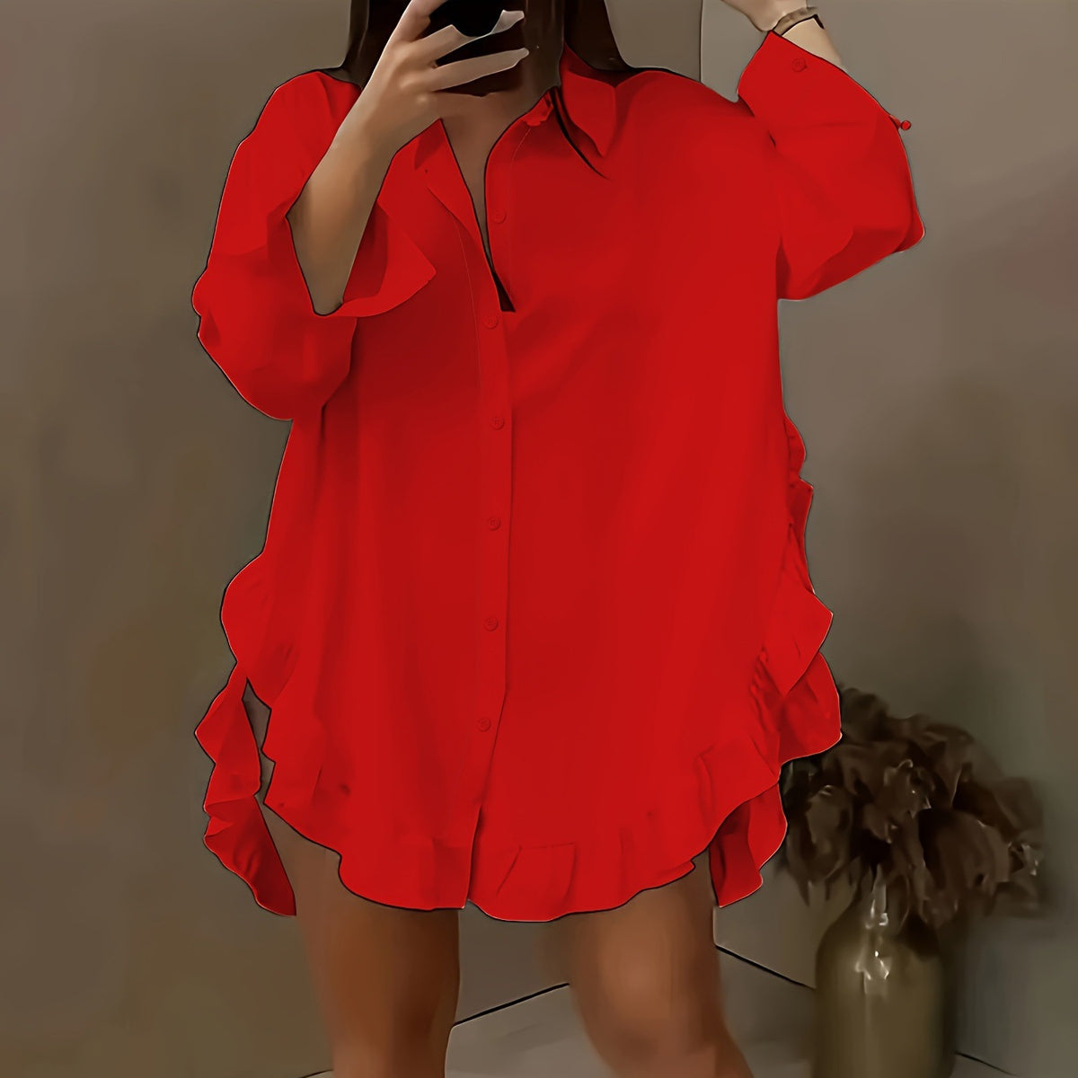 Women's Oversized Ruffle Button Down Shirt Dress