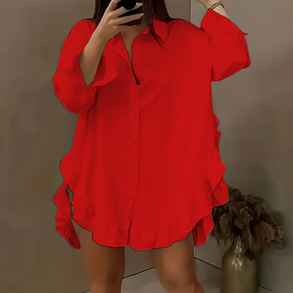 Women's Oversized Ruffle Button Down Shirt Dress