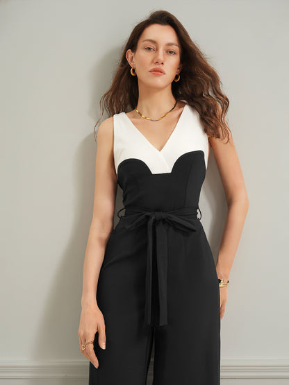 Sleeveless Color Block Jumpsuit Tie Waist Wide Leg
