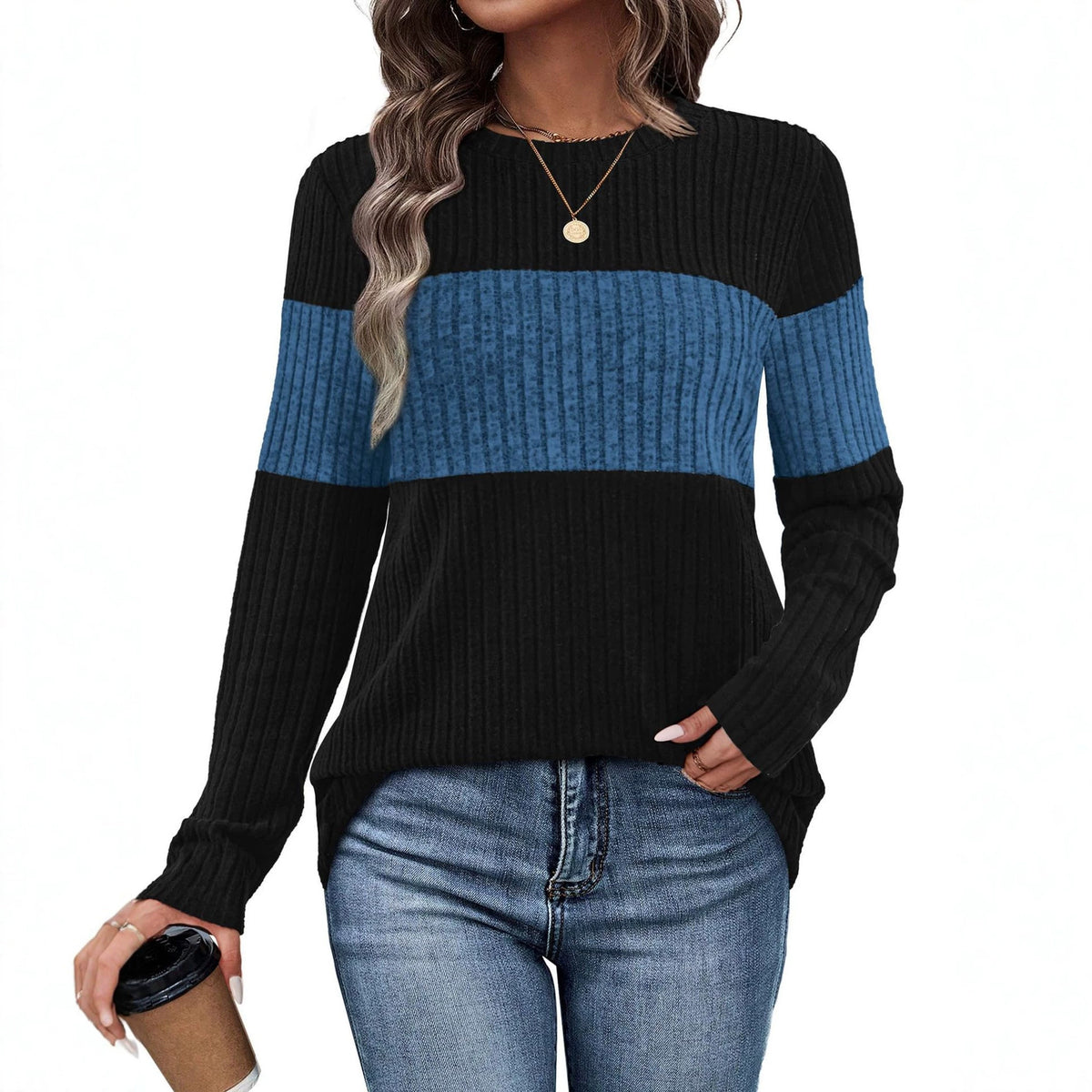 Women's Color Block Ribbed Knit Pullover Sweater