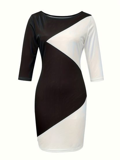 Color Block Bodycon Work Dress 3/4 Sleeve Elegant