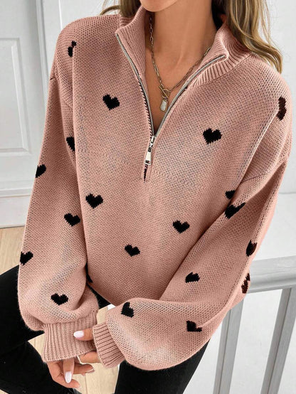 Women’s Heart Print Half Zip Wool Knit Sweater