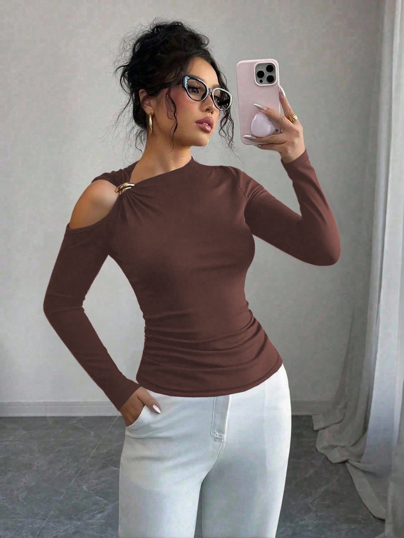 Asymmetrical One Shoulder Ring Long Sleeve Top