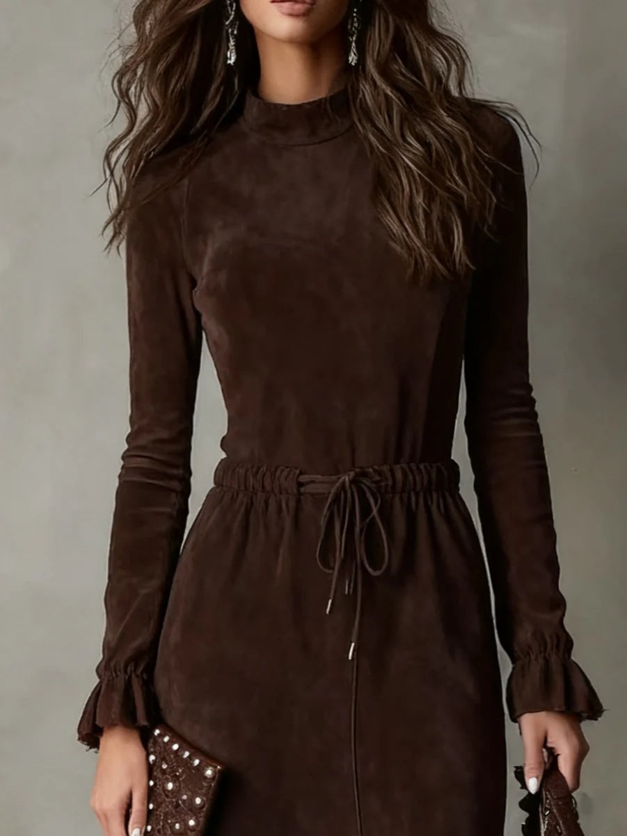 Women's Long Sleeve Drawstring Waist Hi-Lo Midi Dress