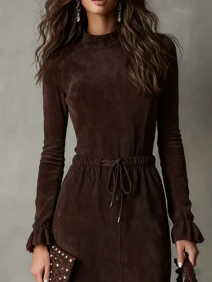 Women's Long Sleeve Drawstring Waist Hi-Lo Midi Dress