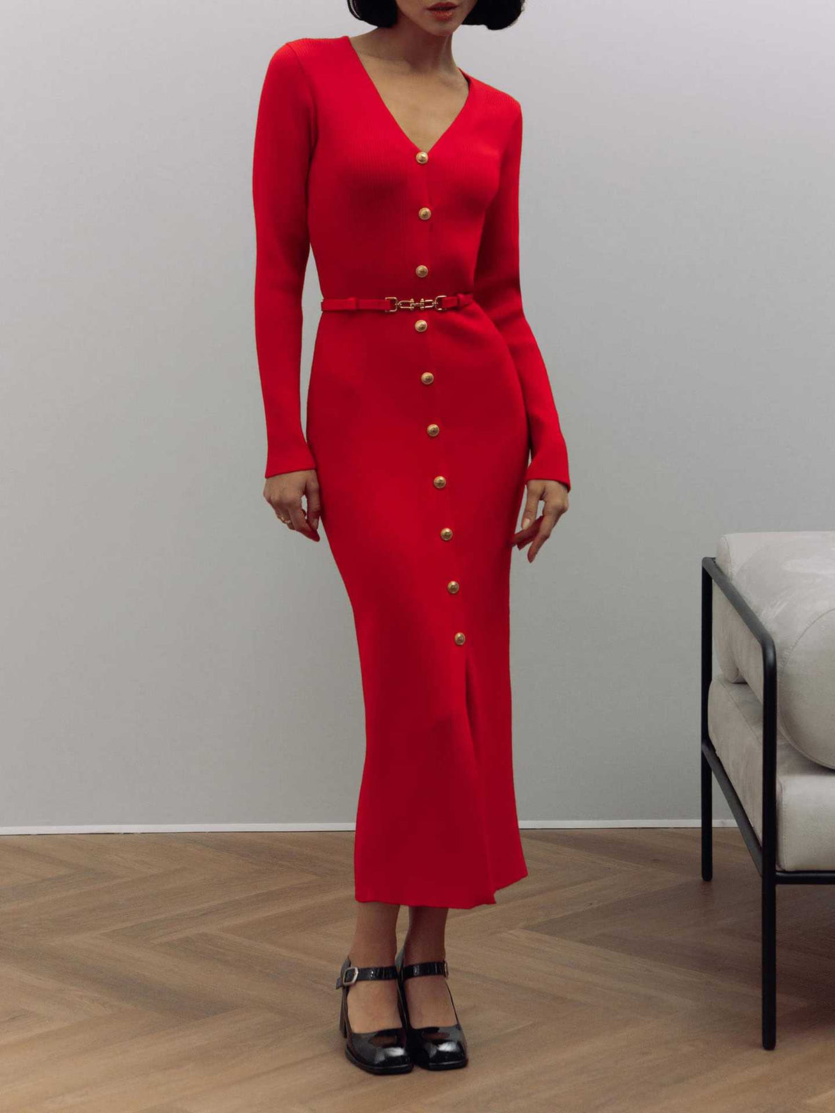 V Neck Ribbed Button Front Sweater Dress Long Sleeve Midi