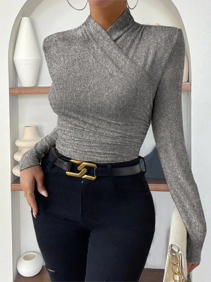 Cross Neck Ruched Long Sleeve Fitted Top