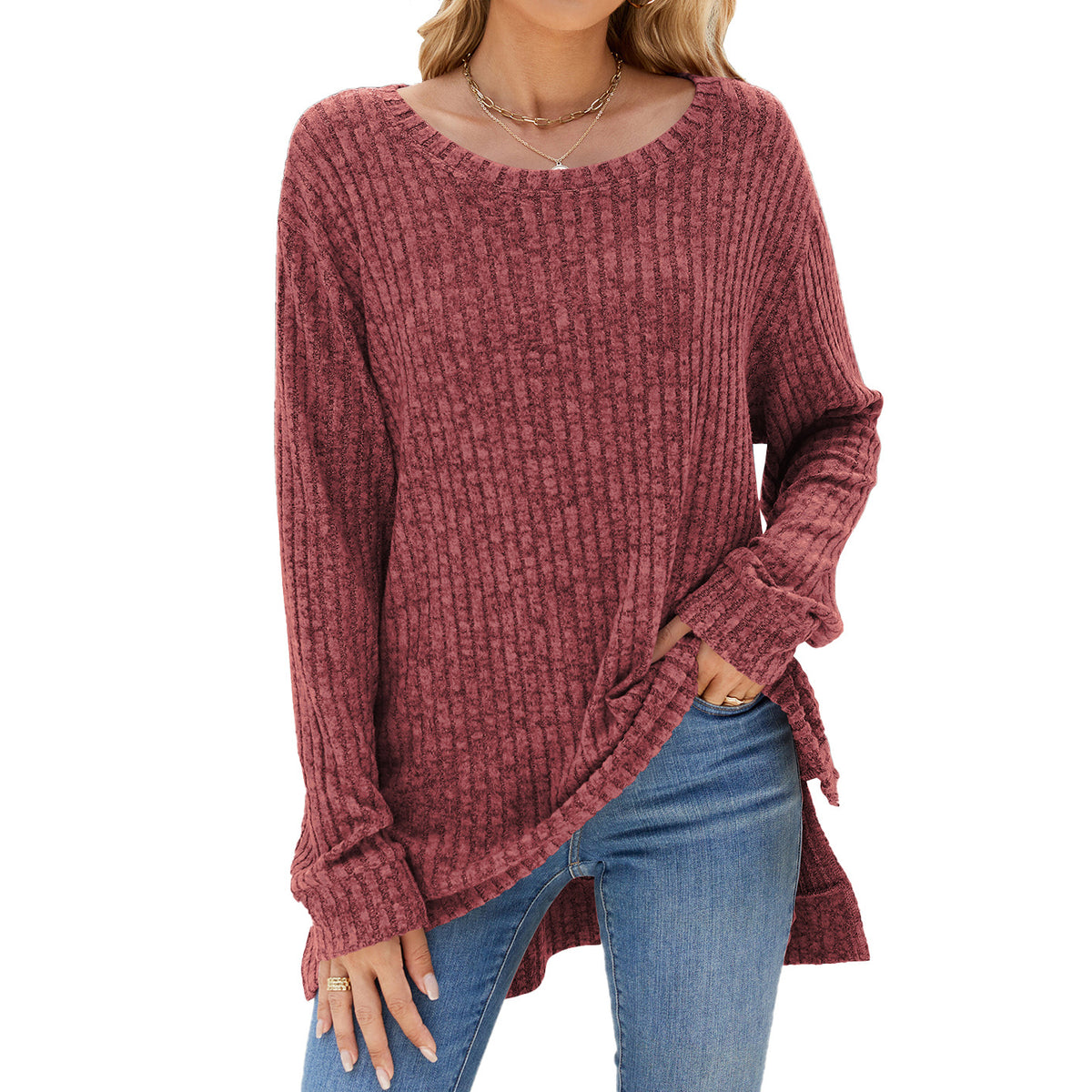 Women's Oversized Ribbed Long Sleeve Side Slit Tunic Top