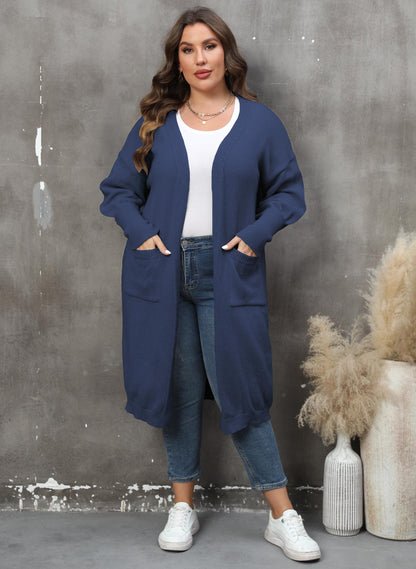 Loose Medium and Long Double Pocket Lantern Sleeve Sweater Cardigan