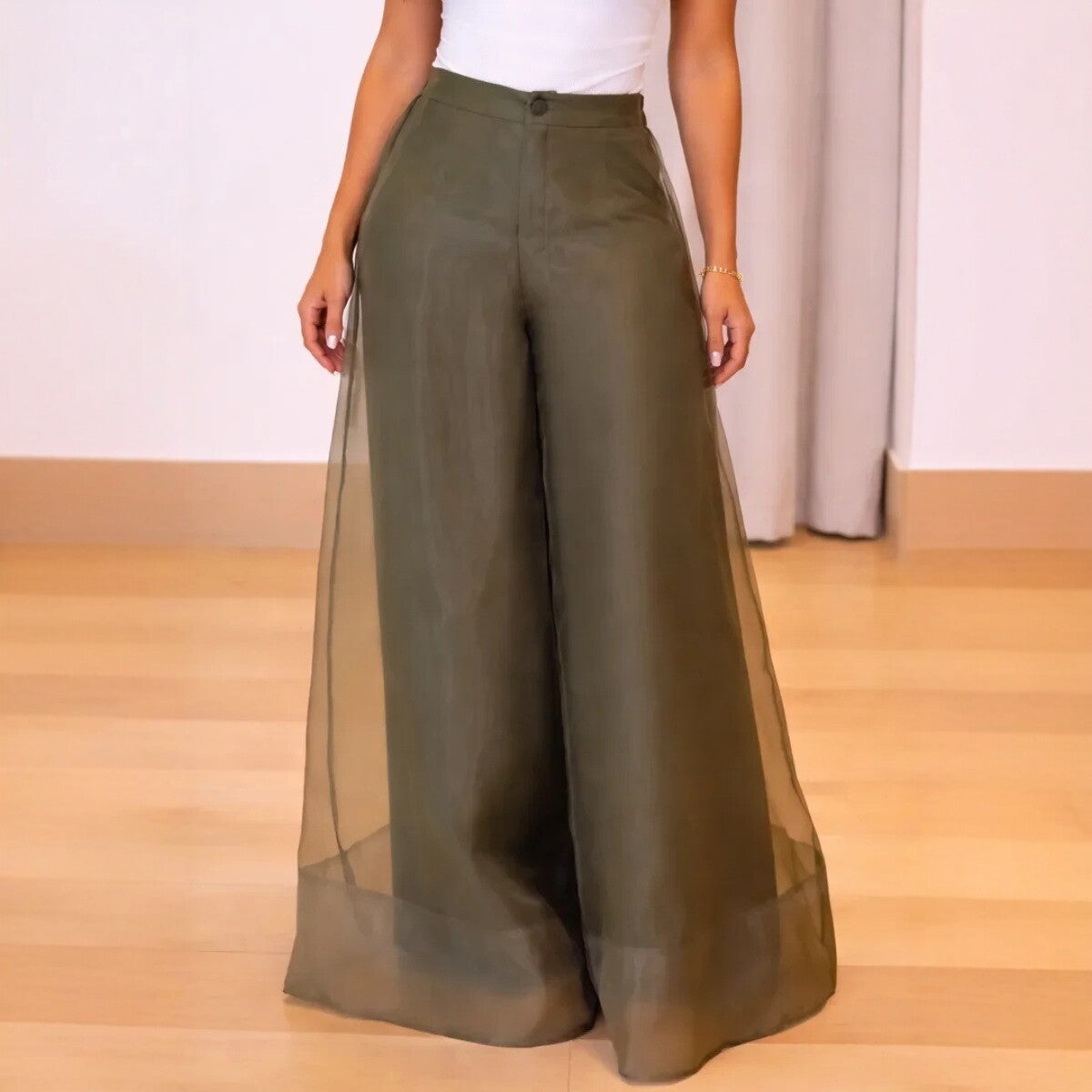Women's Sheer Mesh High Waist Wide Leg Pants