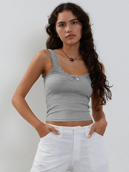 Ribbed Lace Trim Cami Top Slim Fit Cropped Tank