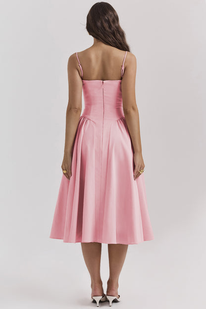 Elegant French Midi Dress Sleeveless Fit Flare Blue