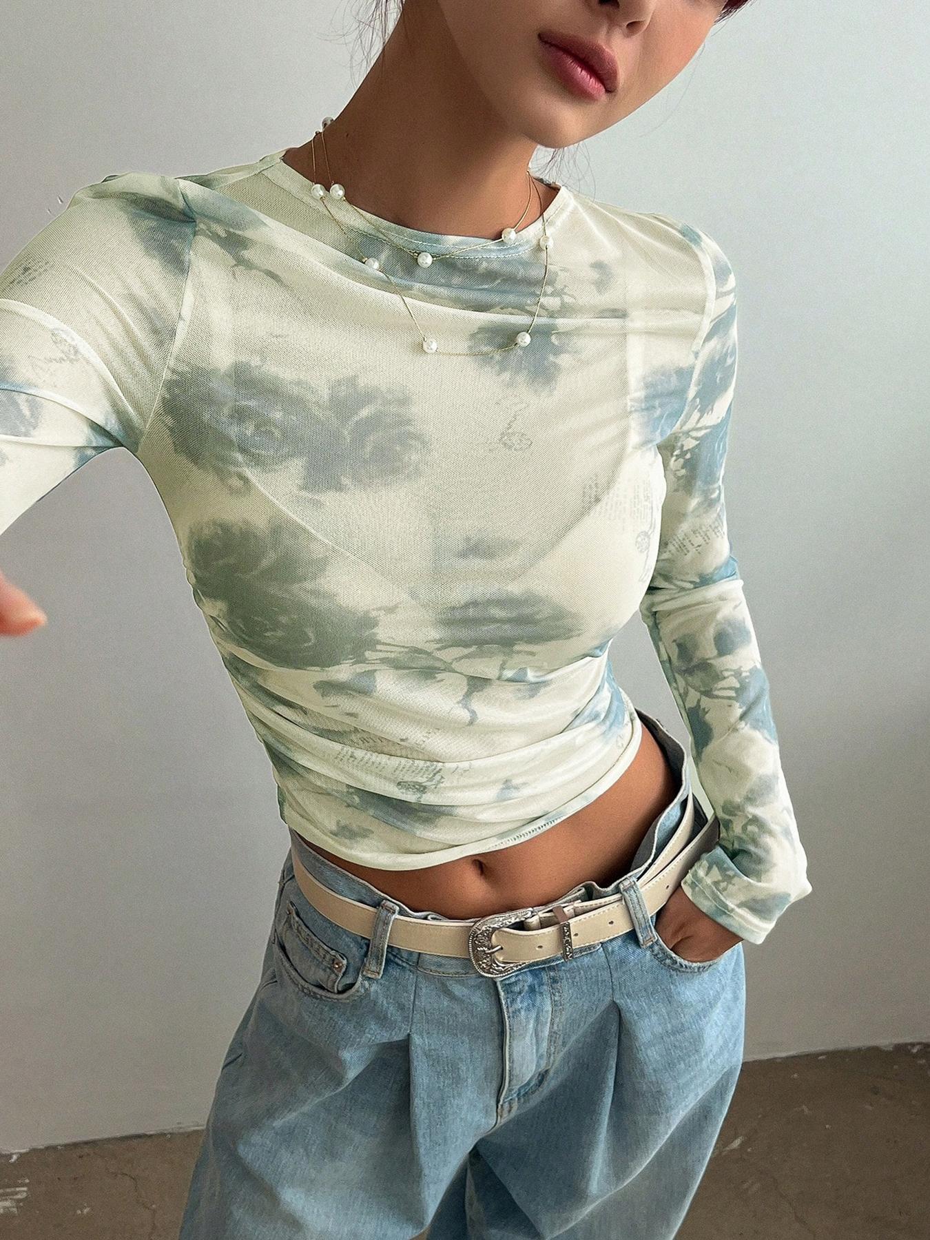 Floral Mesh Ruched Long Sleeve Crop Top