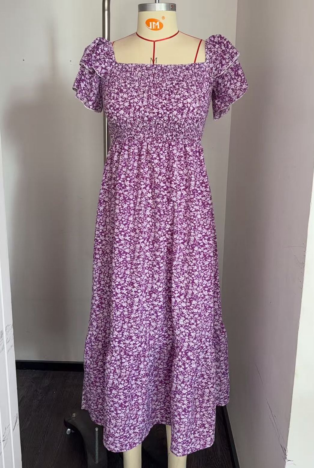 Blue Floral Smocked Square Neck Midi Dress