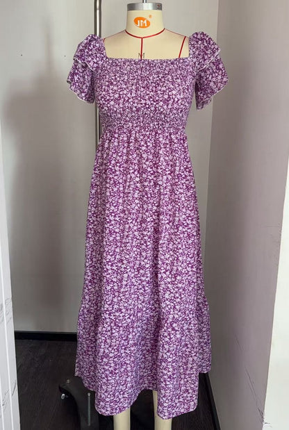 Blue Floral Smocked Square Neck Midi Dress