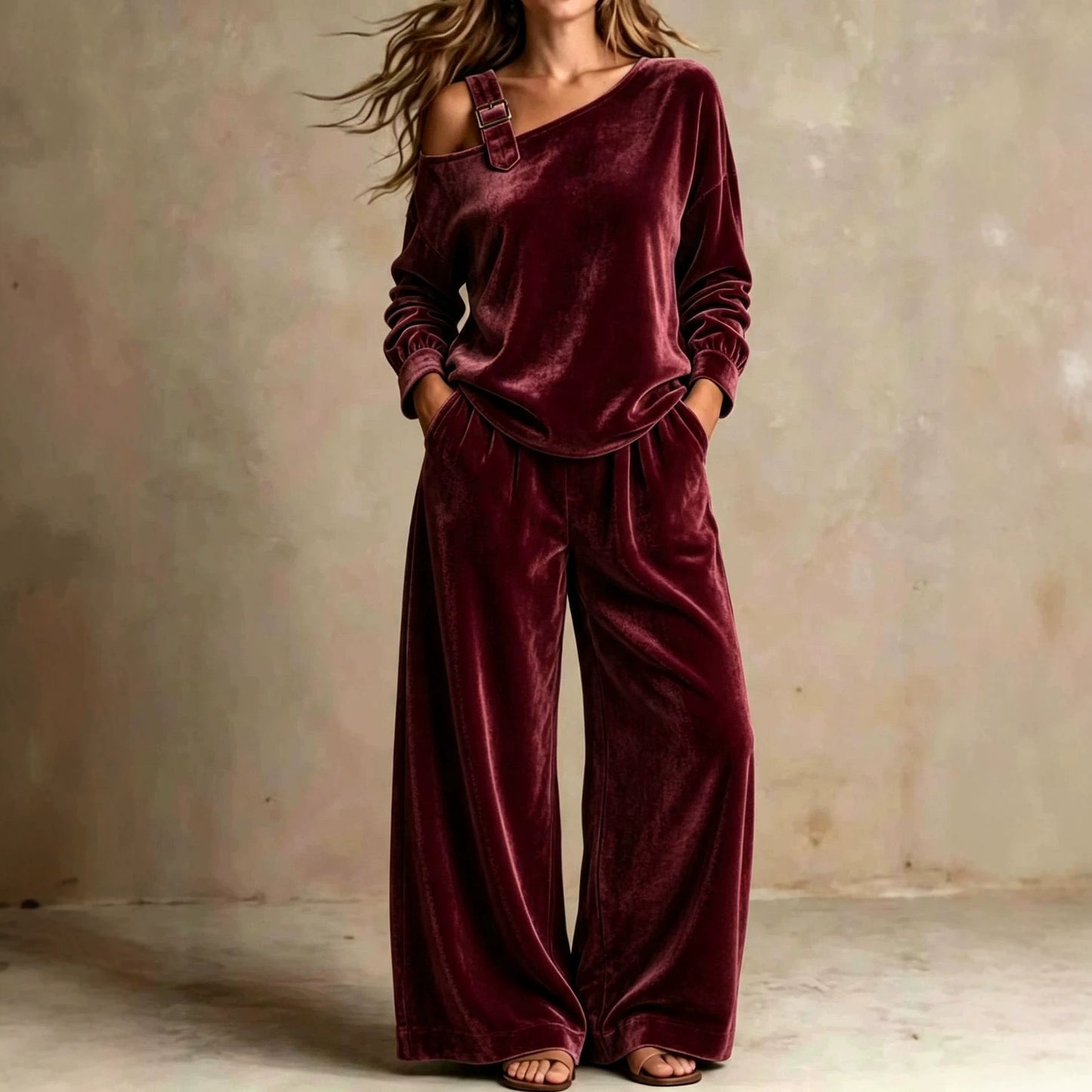 Women's Velvet One Shoulder Two Piece Set Wide Leg Pants