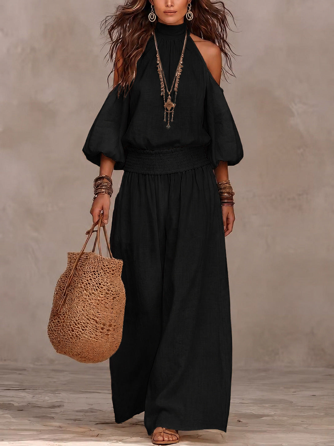 Women's Cold Shoulder Smocked Wide Leg Pants Two Piece Set