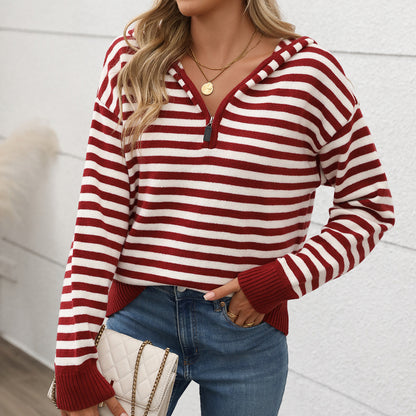 Women's V-neck Striped Christmas Hooded Sweater