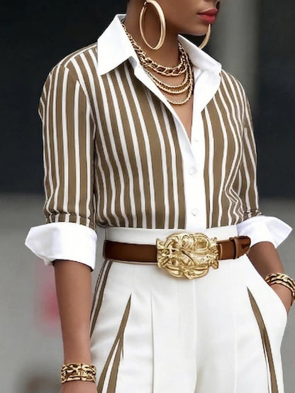 Women's Striped Contrast Collar Long Sleeve Work Blouse