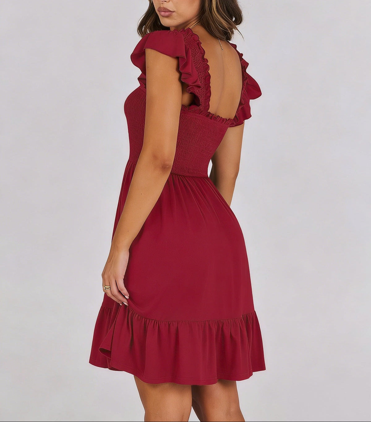 Smocked Square Neck Ruffle Sleeve Midi Dress