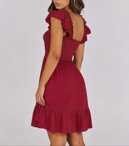 Smocked Square Neck Ruffle Sleeve Midi Dress