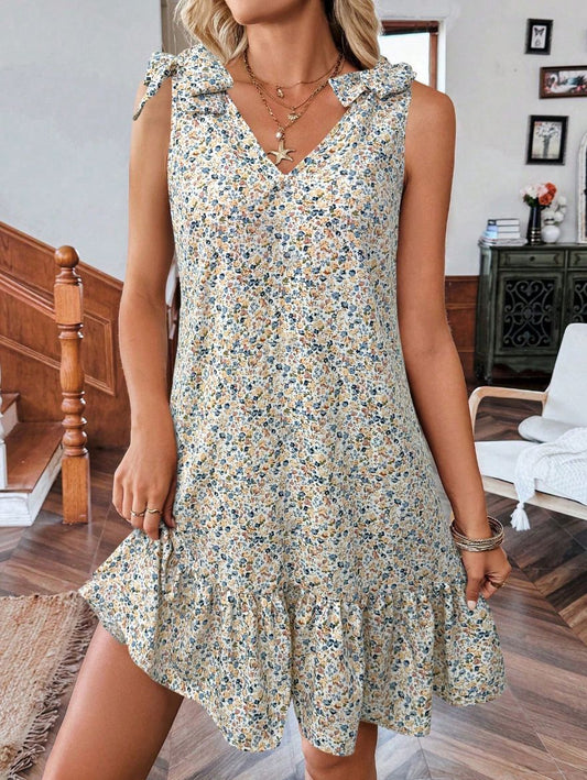 Floral V Neck Tie Shoulder Ruffle Hem Mini Dress