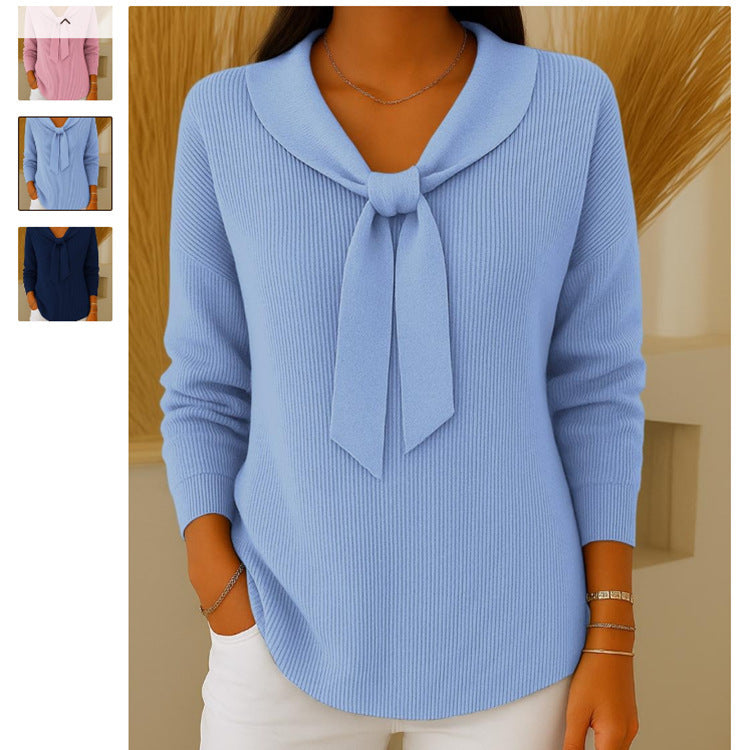 Women's Bow Collar Ribbed Knit Sweater Long Sleeve Pullover