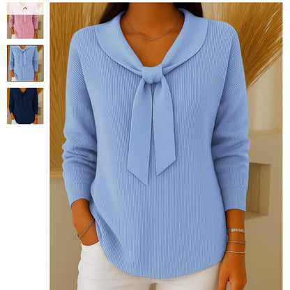 Women's Bow Collar Ribbed Knit Sweater Long Sleeve Pullover