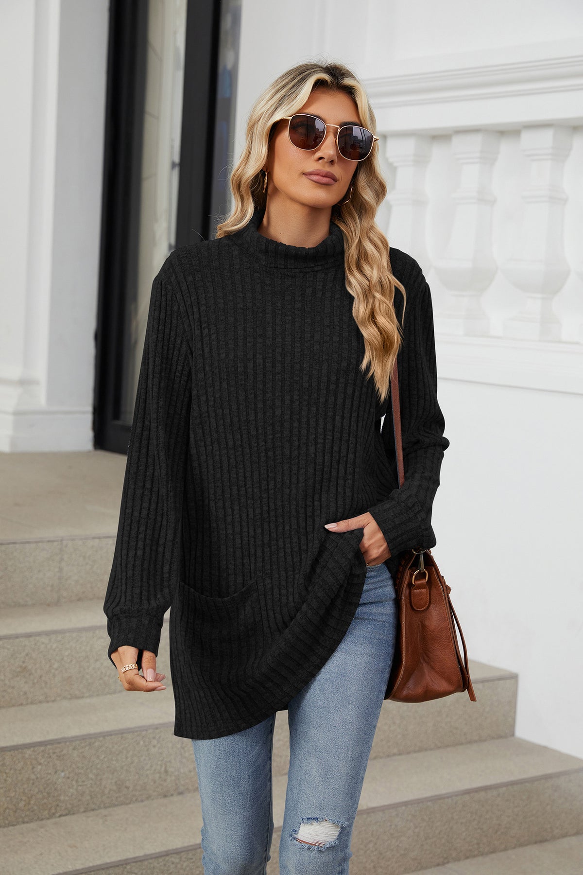 Women's Oversized Ribbed Mock Neck Tunic with Pockets