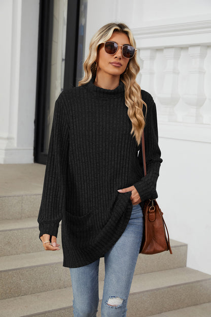 Women's Oversized Ribbed Mock Neck Tunic with Pockets