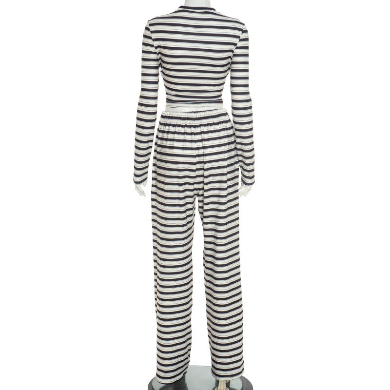 Women's Striped 2 Piece Crop Top Pants Lounge Set