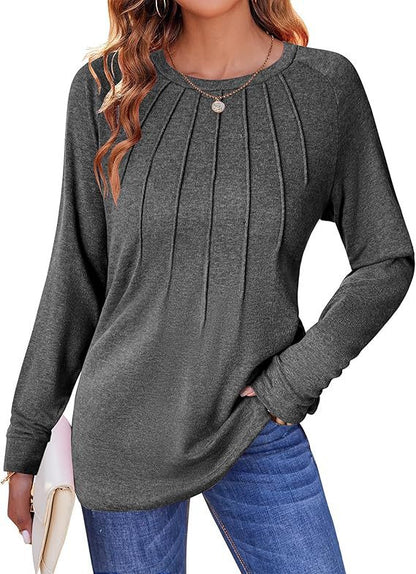 Women's Pleated Crew Neck Long Sleeve Casual Top