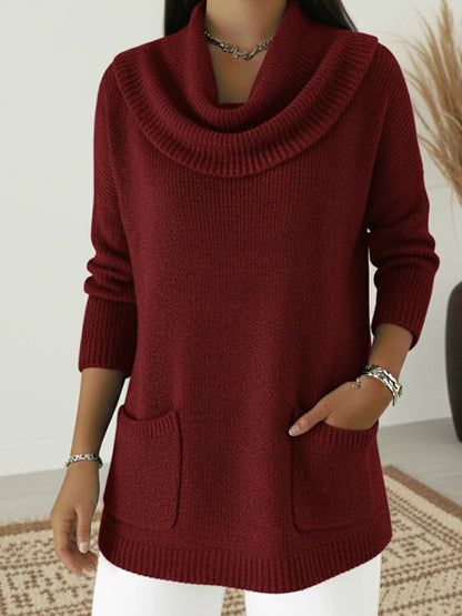 Women's Cowl Neck Long Sleeve Pocket Pullover Sweater