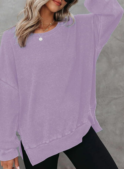 Waffle Split Hem Sweatshirt Women Casual Long Sleeve Top