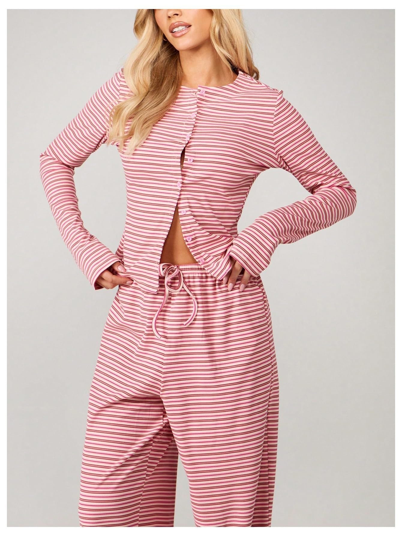 Striped Long Sleeve Top & Wide Leg Pants Two Piece Set