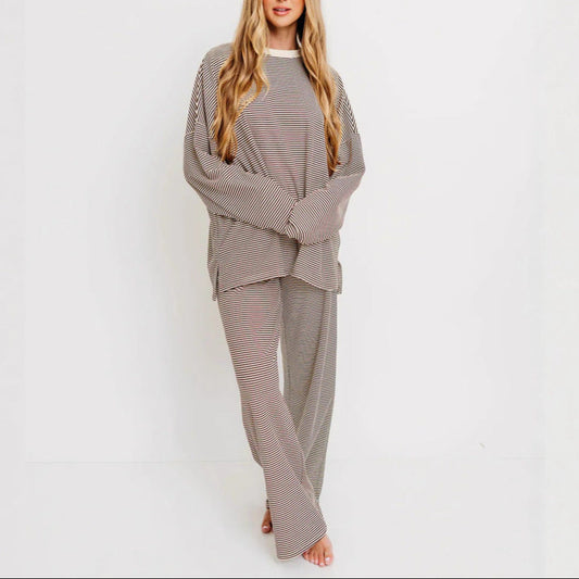 Women's Striped Long Sleeve Lounge Pajama Pants Set