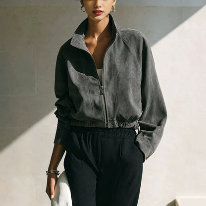 Women's Vintage Faux Suede Zip Up Bomber Jacket