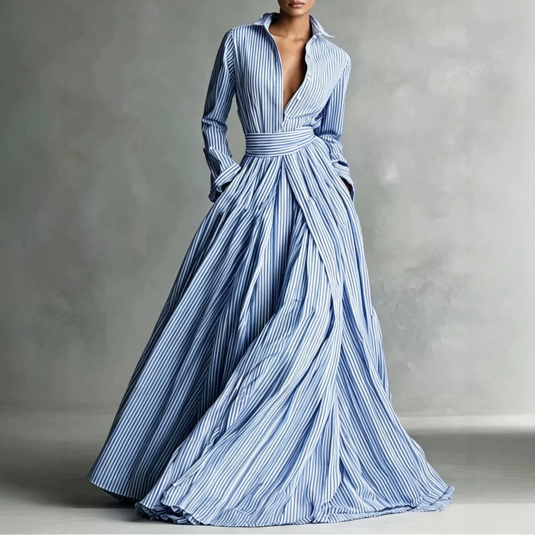 Striped Maxi Shirt Dress Long Sleeve Button Down High Waist