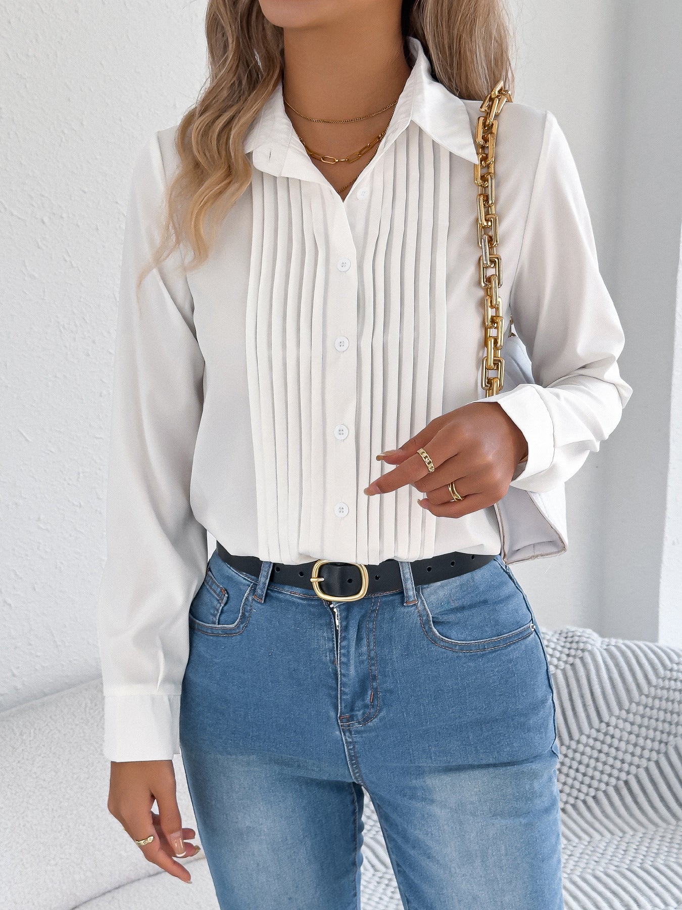 Elegant Pleated Long Sleeve Button Shirt for Women