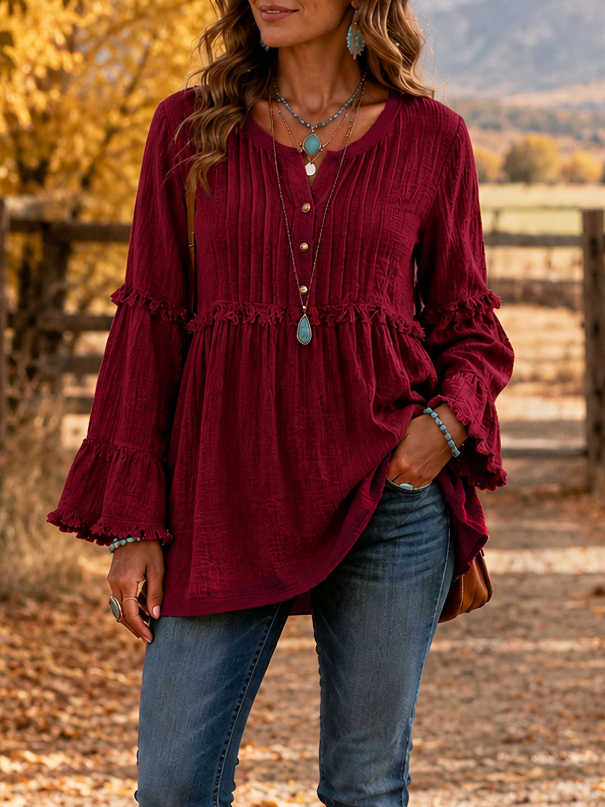 Women's Boho Ruffle V Neck Button Bell Sleeve Tunic Top