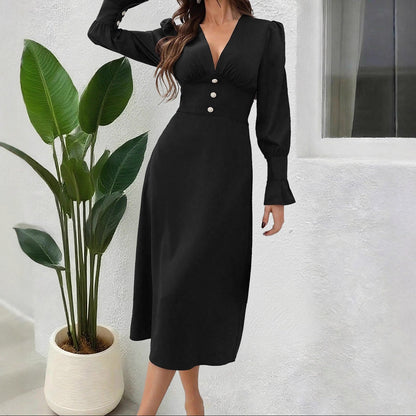 V-Neck Long Sleeve Button Front Midi Shirt Dress